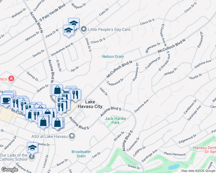 map of restaurants, bars, coffee shops, grocery stores, and more near 2450 Tradewind Drive in Lake Havasu City