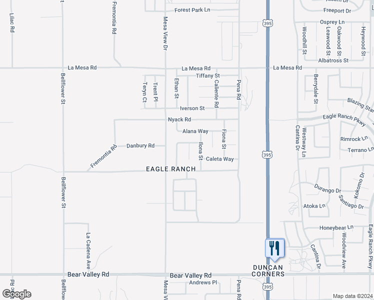 map of restaurants, bars, coffee shops, grocery stores, and more near 12574 Hanna Court in Victorville