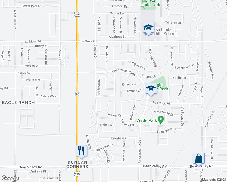 map of restaurants, bars, coffee shops, grocery stores, and more near 12317 Papoose Way in Victorville
