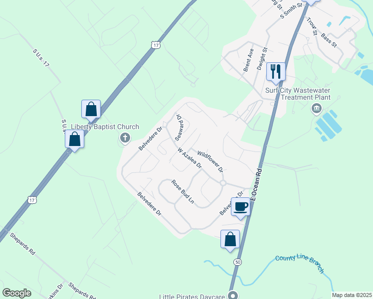 map of restaurants, bars, coffee shops, grocery stores, and more near 1203 Daisy Court in Holly Ridge