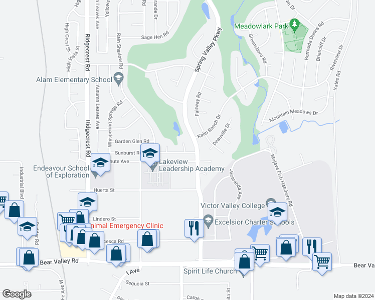 map of restaurants, bars, coffee shops, grocery stores, and more near 18092 Sunburst Road in Victorville