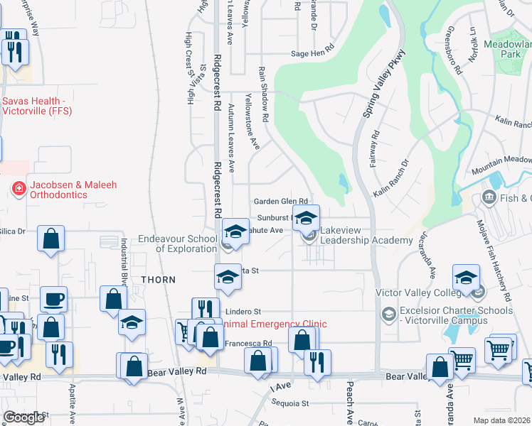 map of restaurants, bars, coffee shops, grocery stores, and more near 17832 Sunburst Road in Victorville