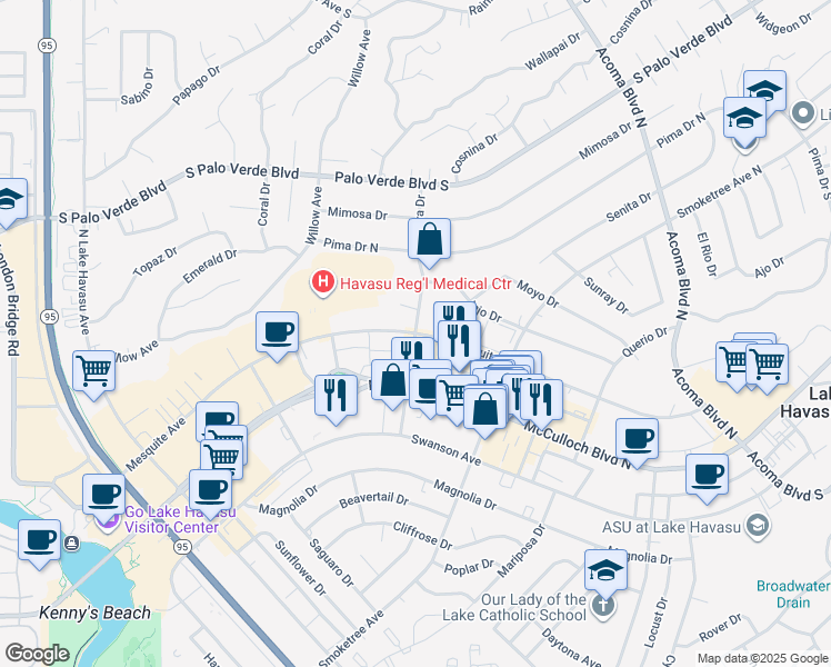 map of restaurants, bars, coffee shops, grocery stores, and more near Mesquite Ave & Riviera Blvd in Lake Havasu City