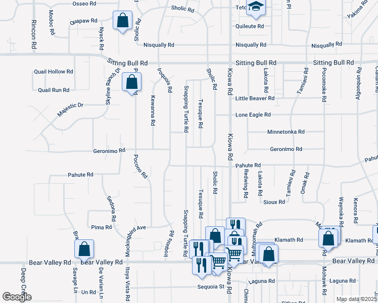 map of restaurants, bars, coffee shops, grocery stores, and more near 20745 Geronimo Road in Apple Valley