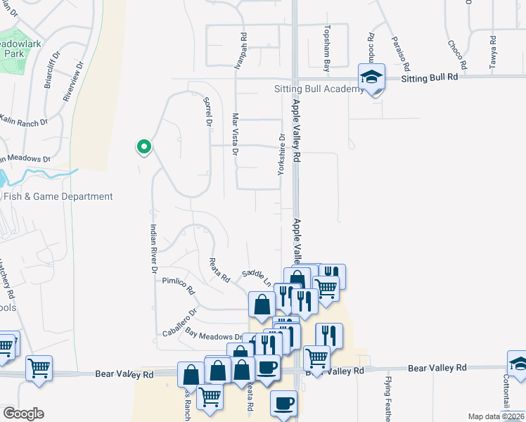 map of restaurants, bars, coffee shops, grocery stores, and more near 12541 Cabazon Court in Apple Valley