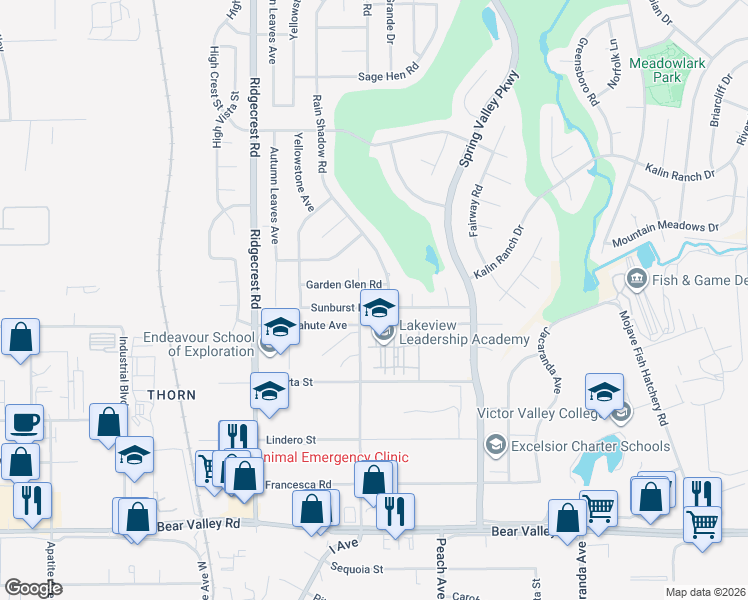 map of restaurants, bars, coffee shops, grocery stores, and more near 17928 Sunburst Road in Victorville