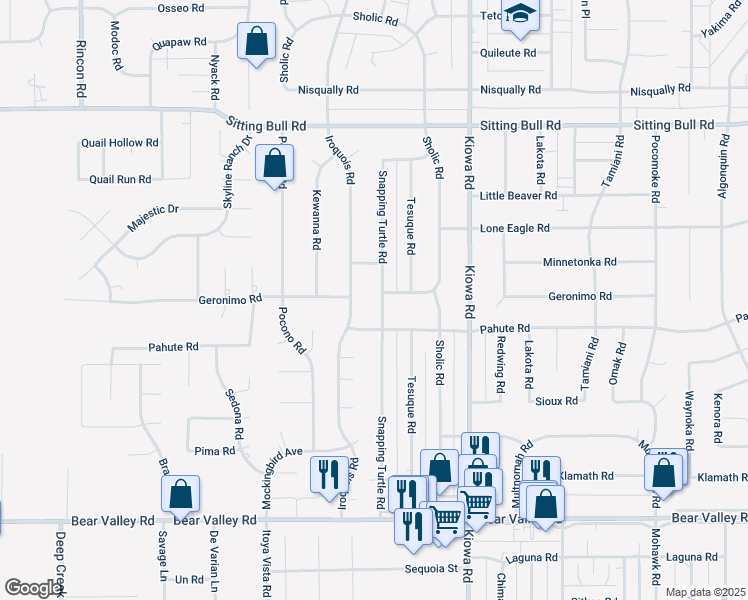 map of restaurants, bars, coffee shops, grocery stores, and more near 20745 Geronimo Road in Apple Valley