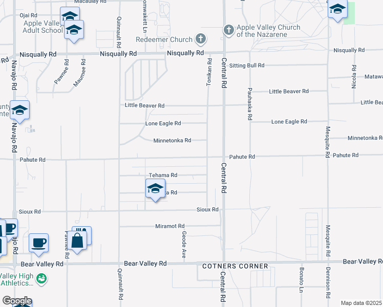 map of restaurants, bars, coffee shops, grocery stores, and more near 22382 Pahute Road in Apple Valley