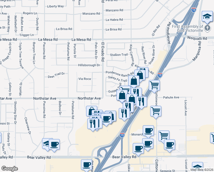 map of restaurants, bars, coffee shops, grocery stores, and more near 12572 Santa Fe Trail in Victorville