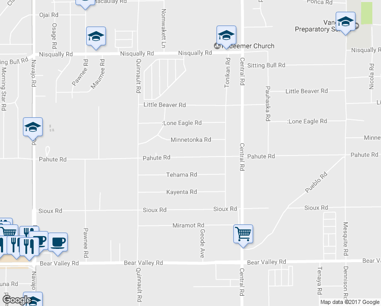 map of restaurants, bars, coffee shops, grocery stores, and more near 22308 Pahute Road in Apple Valley
