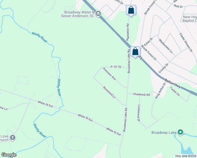 map of restaurants, bars, coffee shops, grocery stores, and more near 122 Boxwood Lane in Anderson