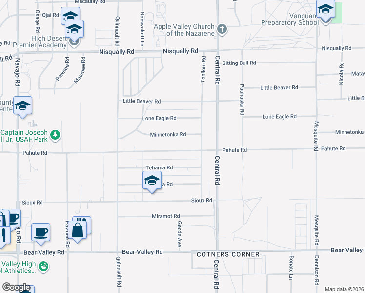 map of restaurants, bars, coffee shops, grocery stores, and more near 22382 Pahute Road in Apple Valley