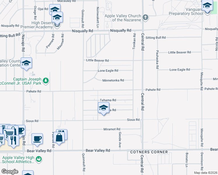 map of restaurants, bars, coffee shops, grocery stores, and more near 22308 Pahute Road in Apple Valley
