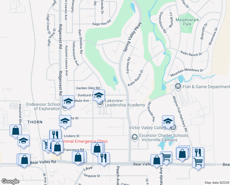 map of restaurants, bars, coffee shops, grocery stores, and more near 18014 Sunburst Road in Victorville