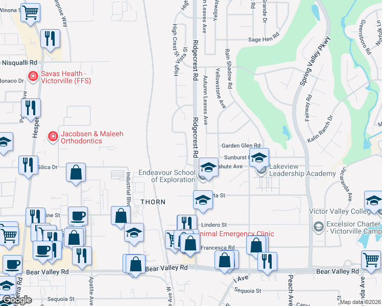 map of restaurants, bars, coffee shops, grocery stores, and more near 12547 Park Ridge Street in Victorville