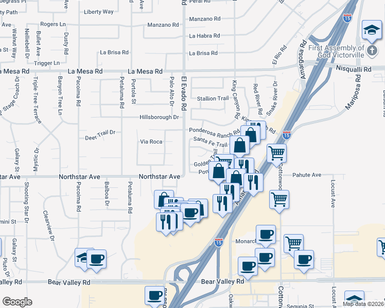 map of restaurants, bars, coffee shops, grocery stores, and more near 12572 Santa Fe Trail in Victorville