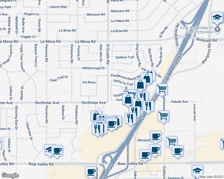 map of restaurants, bars, coffee shops, grocery stores, and more near 12572 Santa Fe Trail in Victorville
