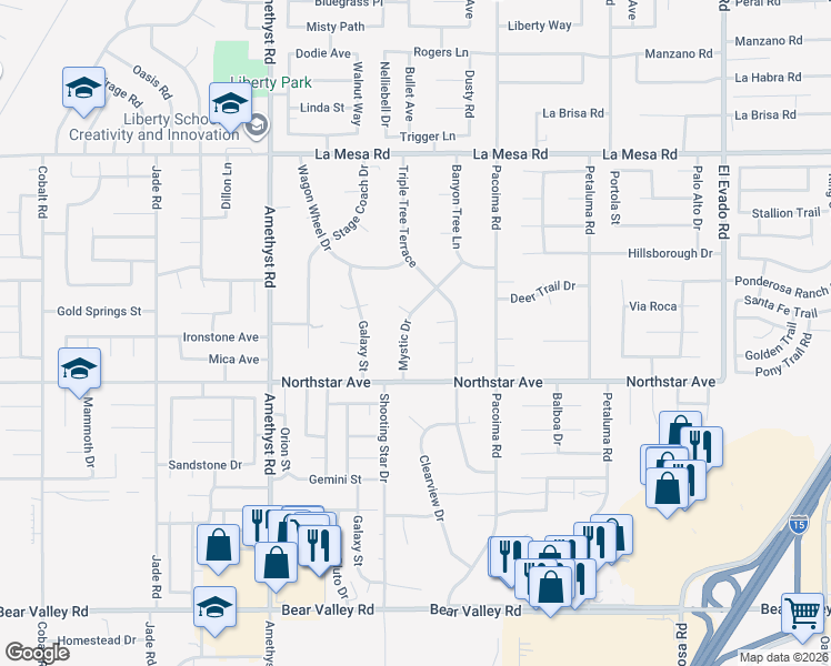 map of restaurants, bars, coffee shops, grocery stores, and more near 12570 Rockinghorse Court in Victorville