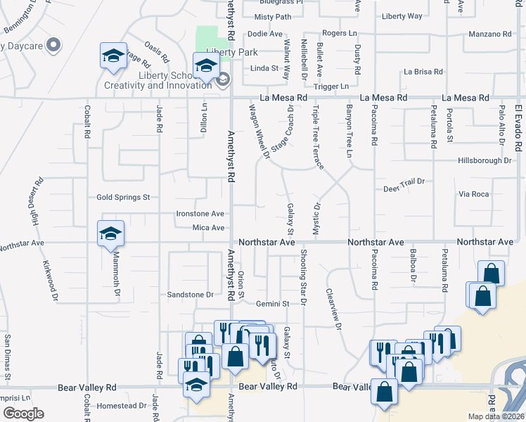map of restaurants, bars, coffee shops, grocery stores, and more near 12576 Stage Coach Drive in Victorville