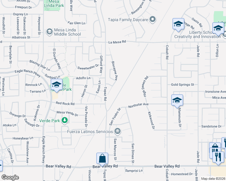 map of restaurants, bars, coffee shops, grocery stores, and more near 12565 Biscayne Avenue in Victorville
