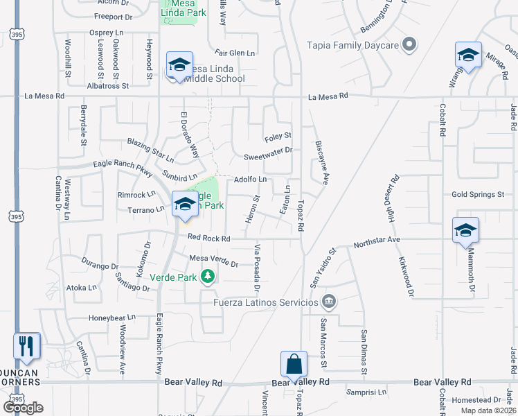 map of restaurants, bars, coffee shops, grocery stores, and more near 12810 Caesar Lane in Victorville
