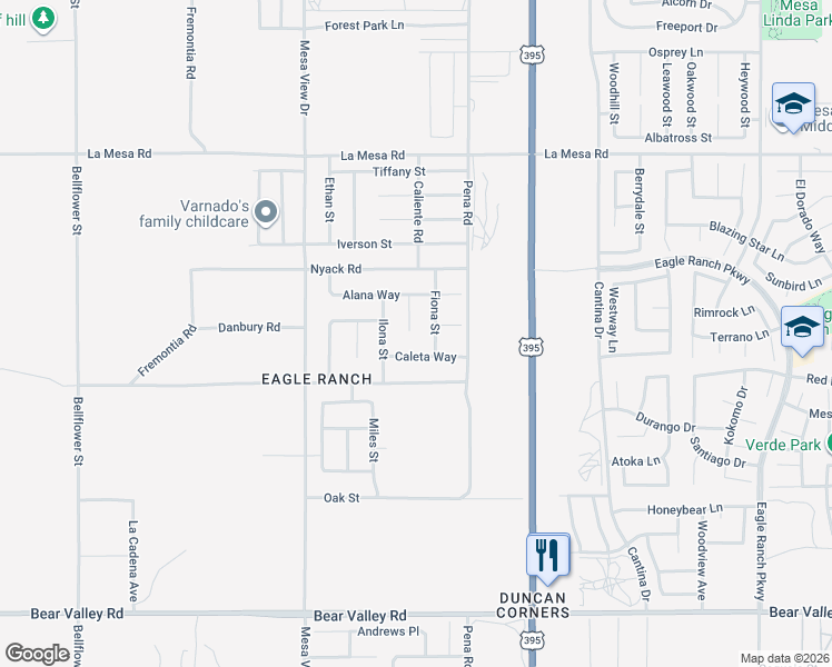 map of restaurants, bars, coffee shops, grocery stores, and more near Fiona Street in Victorville