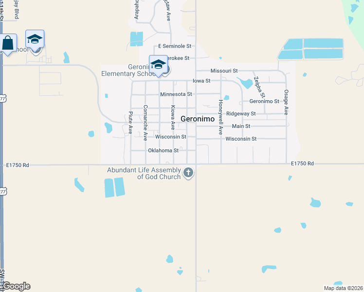 map of restaurants, bars, coffee shops, grocery stores, and more near 401 Oklahoma Street in Geronimo