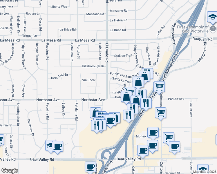 map of restaurants, bars, coffee shops, grocery stores, and more near 12580 Santa Fe Trail in Victorville