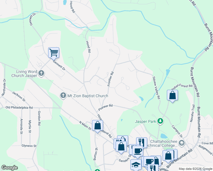 map of restaurants, bars, coffee shops, grocery stores, and more near 187 Frontier Road in Jasper
