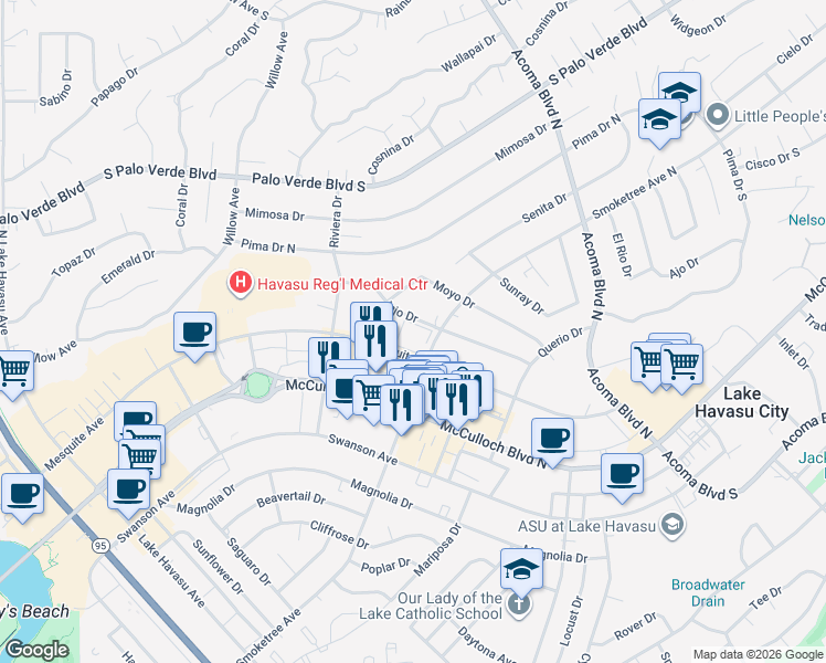 map of restaurants, bars, coffee shops, grocery stores, and more near 1989 Mesquite Avenue in Lake Havasu City