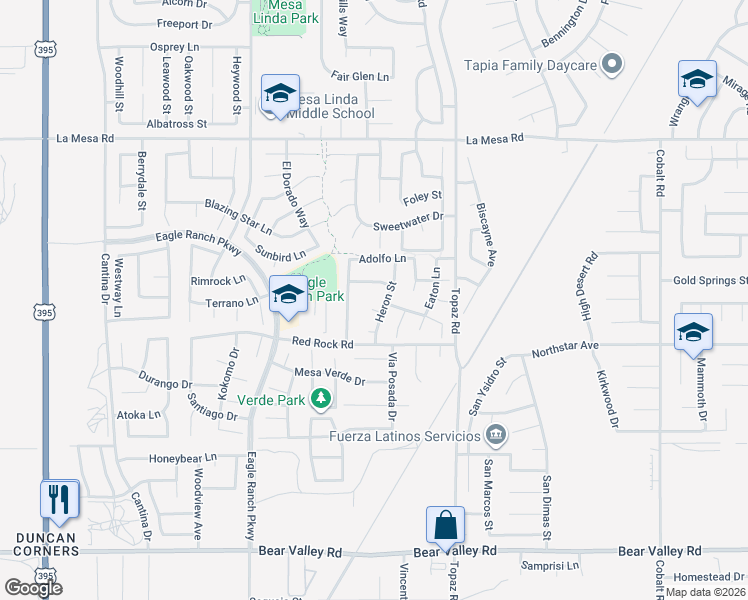 map of restaurants, bars, coffee shops, grocery stores, and more near 12734 Heron Court in Victorville