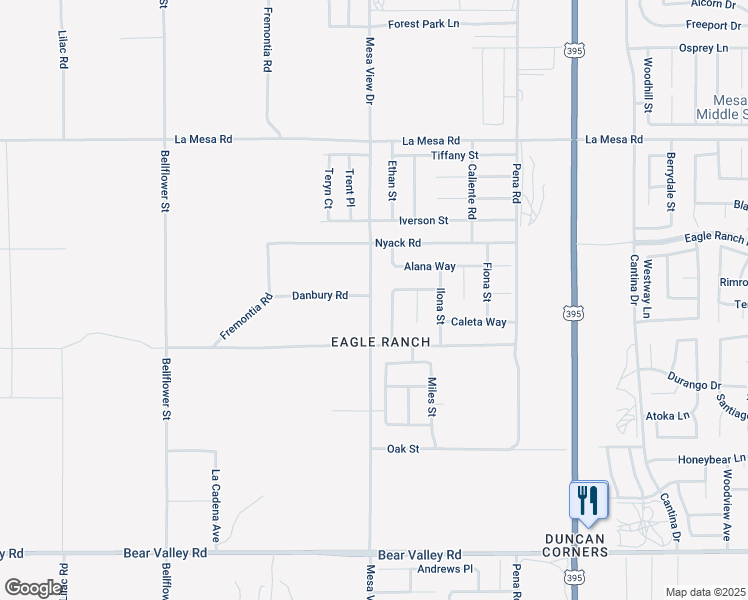 map of restaurants, bars, coffee shops, grocery stores, and more near 12573 Mesa View Drive in Victorville