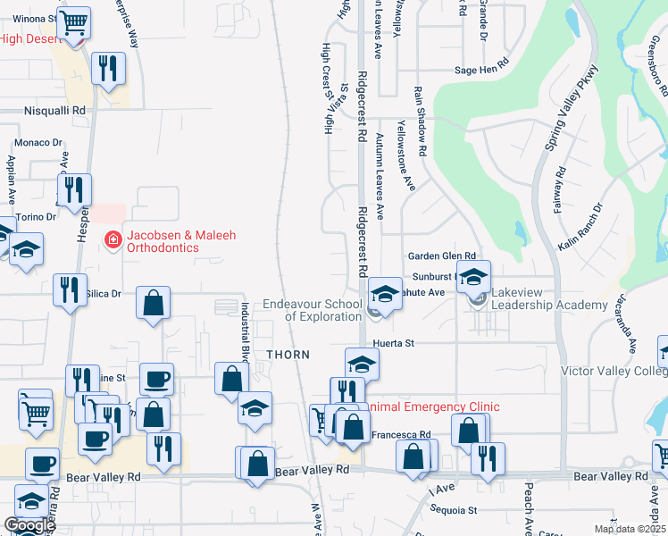 map of restaurants, bars, coffee shops, grocery stores, and more near 17624 Park Plaza Court in Victorville