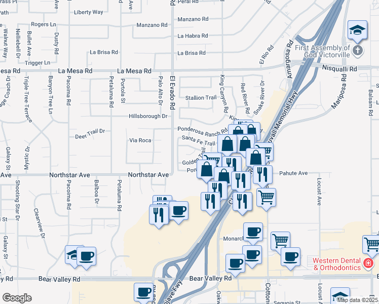 map of restaurants, bars, coffee shops, grocery stores, and more near 14568 Hackamore Road in Victorville