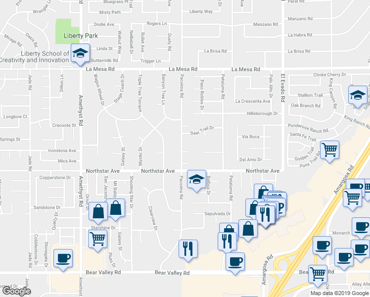 map of restaurants, bars, coffee shops, grocery stores, and more near 14112 Pacoima Court in Victorville