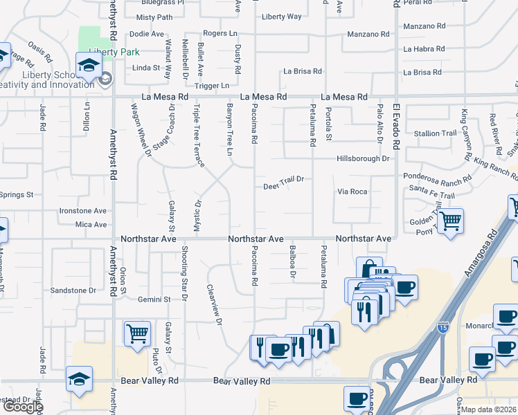 map of restaurants, bars, coffee shops, grocery stores, and more near 14112 Pacoima Court in Victorville