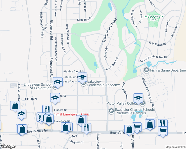 map of restaurants, bars, coffee shops, grocery stores, and more near 18014 Sunburst Road in Victorville