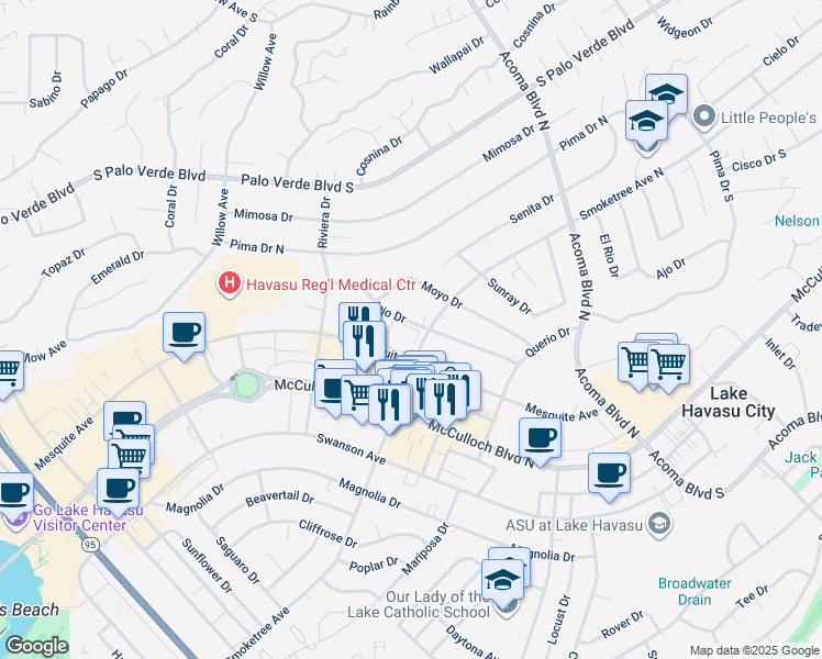map of restaurants, bars, coffee shops, grocery stores, and more near 1989 Mesquite Avenue in Lake Havasu City