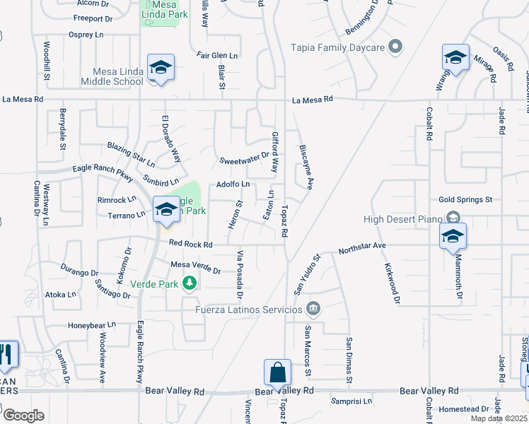 map of restaurants, bars, coffee shops, grocery stores, and more near 12592 Eaton Lane in Victorville