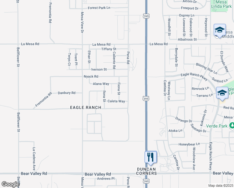 map of restaurants, bars, coffee shops, grocery stores, and more near 12596 Fiona Street in Victorville