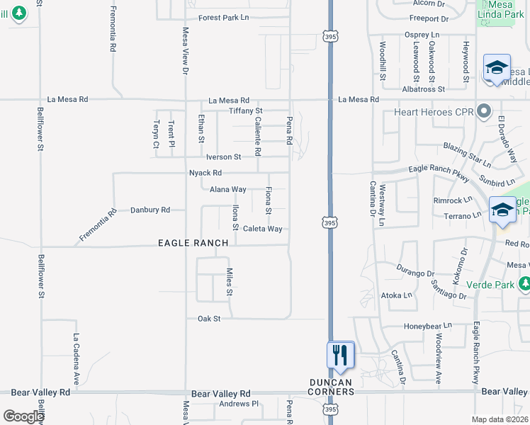 map of restaurants, bars, coffee shops, grocery stores, and more near 12596 Fiona Street in Victorville