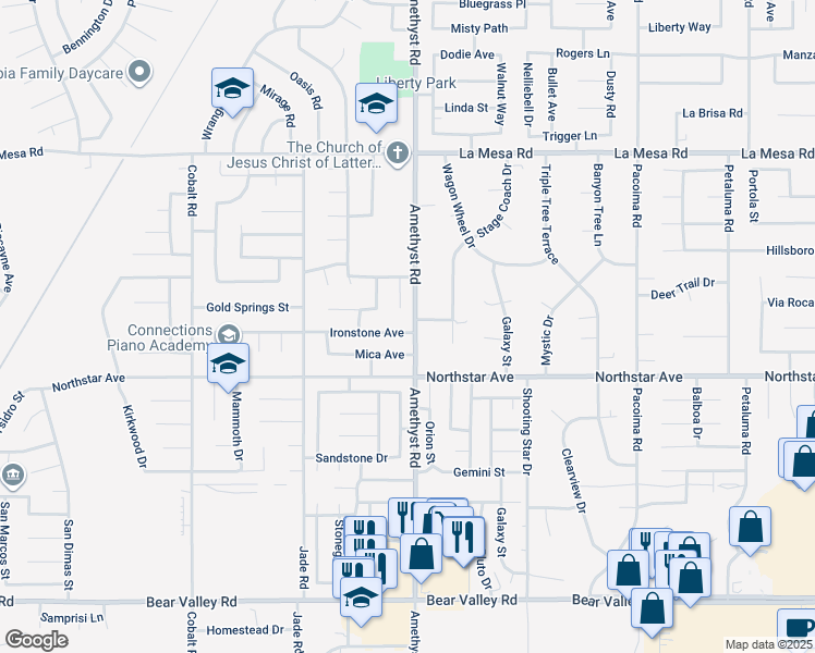 map of restaurants, bars, coffee shops, grocery stores, and more near 13650 Ironstone Avenue in Victorville