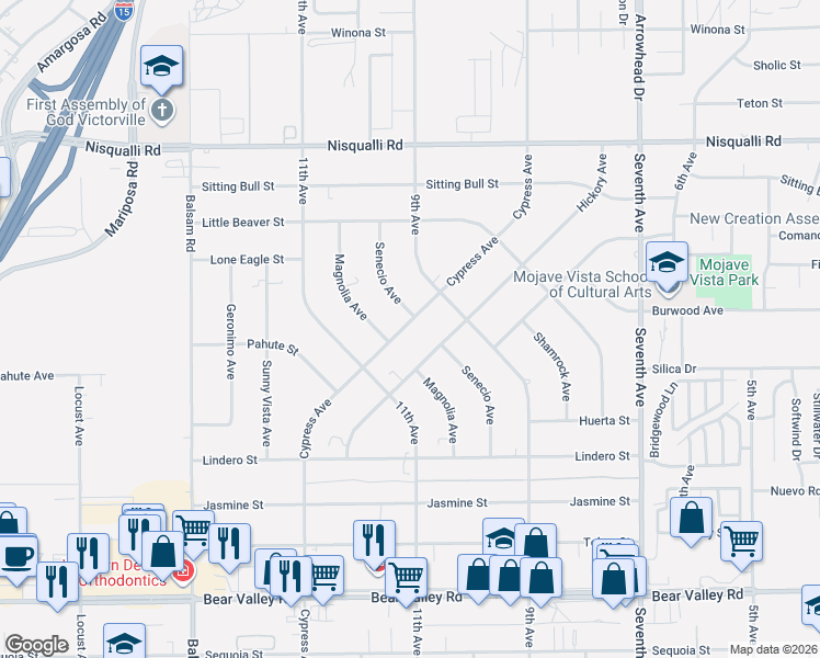 map of restaurants, bars, coffee shops, grocery stores, and more near 12585 Cypress Avenue in Victorville