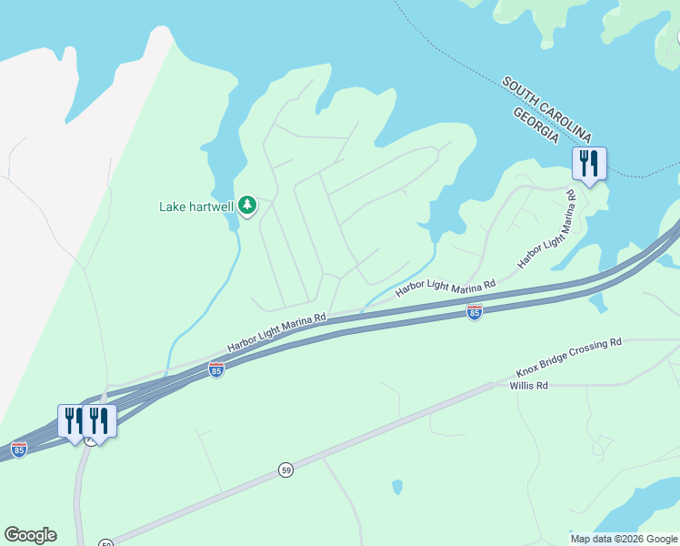 map of restaurants, bars, coffee shops, grocery stores, and more near Bow Dr in Lavonia