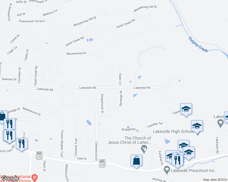 map of restaurants, bars, coffee shops, grocery stores, and more near 800 Lakeside Road in Hot Springs