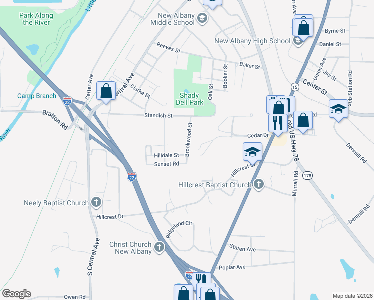 map of restaurants, bars, coffee shops, grocery stores, and more near 819 Brookwood Street in New Albany