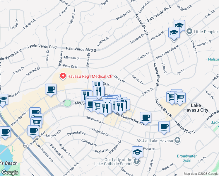 map of restaurants, bars, coffee shops, grocery stores, and more near 1989 Mesquite Avenue in Lake Havasu City