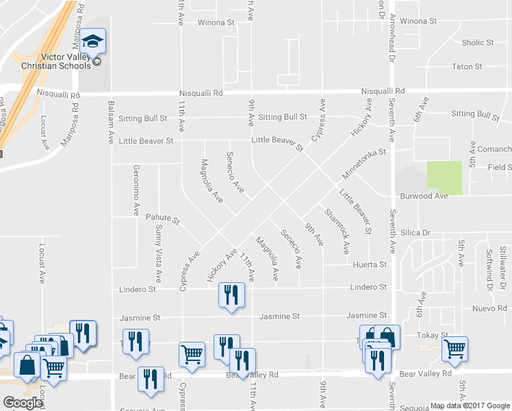 map of restaurants, bars, coffee shops, grocery stores, and more near 12585 Cypress Avenue in Victorville