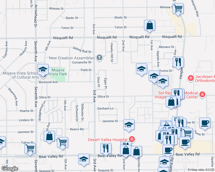 map of restaurants, bars, coffee shops, grocery stores, and more near 12535 Egan Place in Victorville
