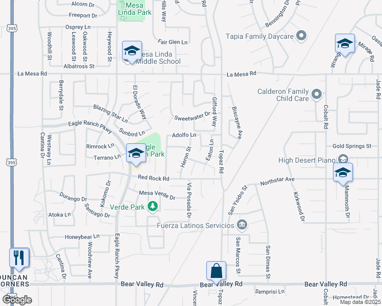 map of restaurants, bars, coffee shops, grocery stores, and more near 12603 Heron Street in Victorville
